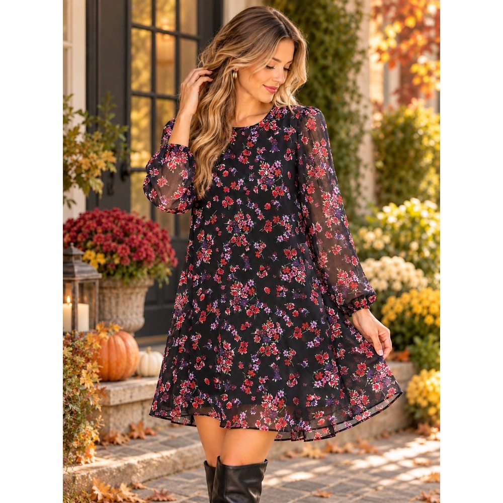 Calvin Klein Black Floral Chiffon Dress Size 4 Puff Sleeve Romantic Midi
